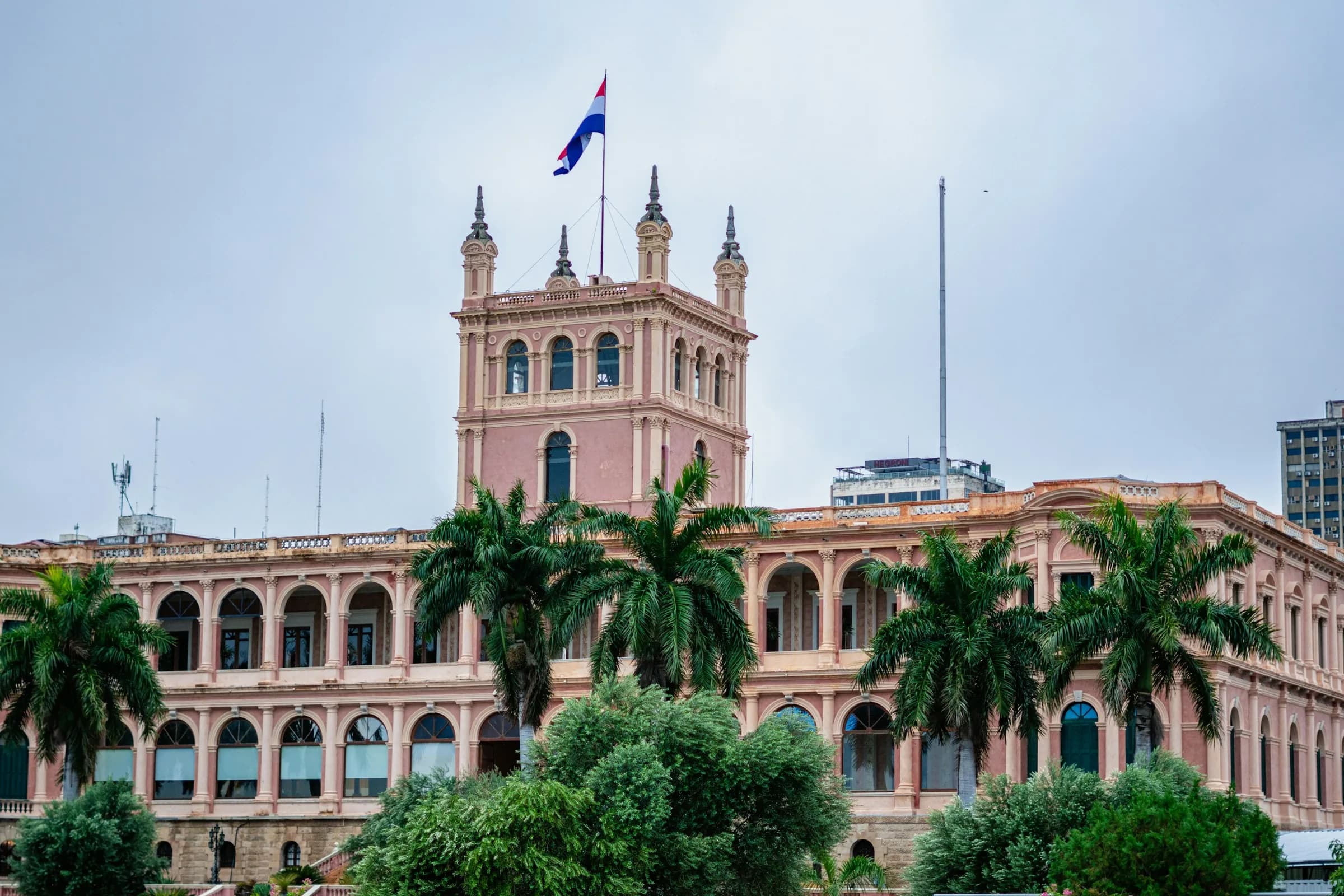 A pink colonial-style government building with a tower and palm trees in front, flying a red, white and blue flag, in Asunción.